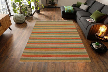 Flat Weave Kilim, Antique, Navaho, Vintage, Handmade, Modern Kilim Rust Gold Hand-Woven Rectangle 100% Wool Area Rug 8 x 10
